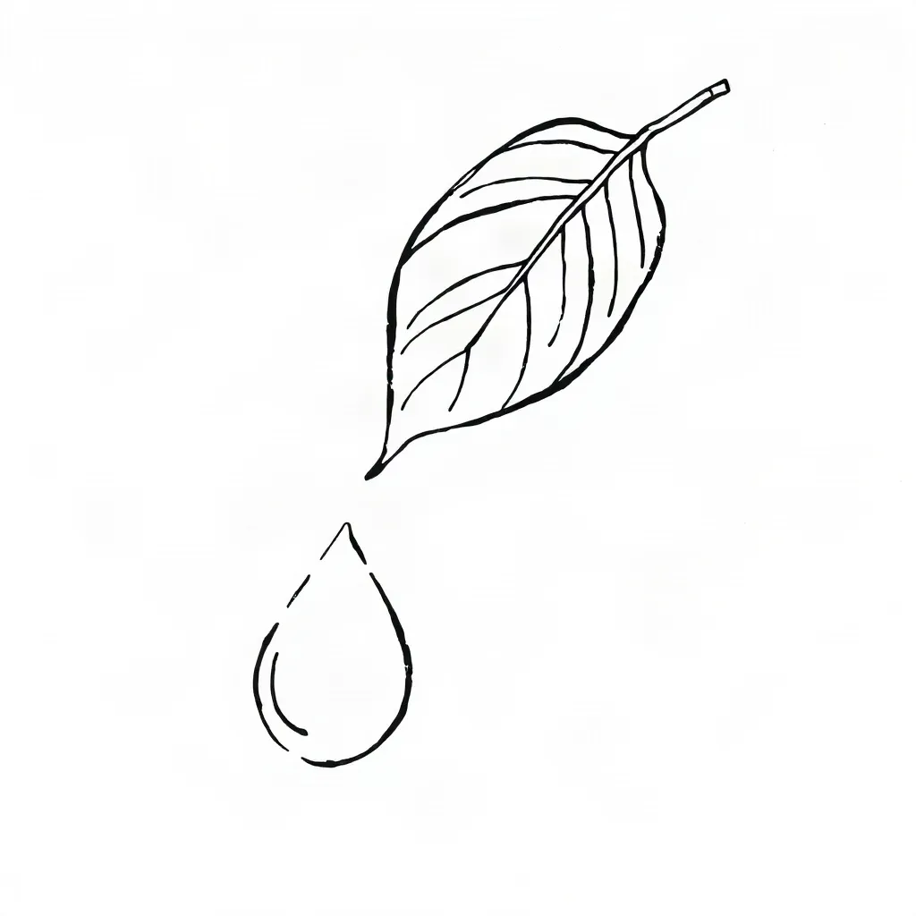 Līniju ilustrācija: piliens un lapa